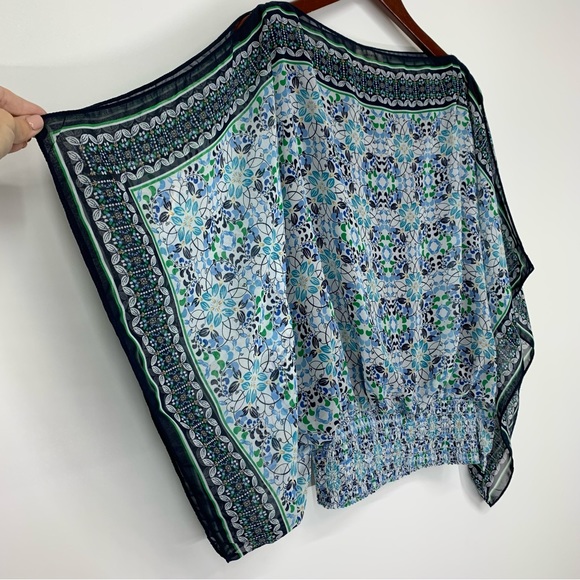 Max Studio Blue Green Geometric Print Slit Side Draped Sleeveless Stretch Blouse - Picture 2 of 16